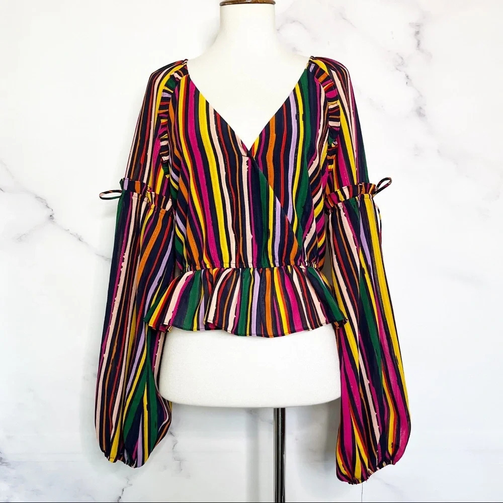 Tularosa‎ Striped Balloon Sleeve Peplum Top